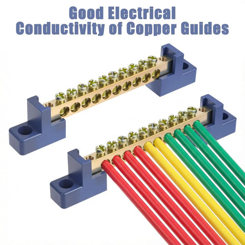 Beefy Ground Bar Kit 10 Positions For Electrical Panels Brass Terminal Block With Blue Insulated Base, wires connected