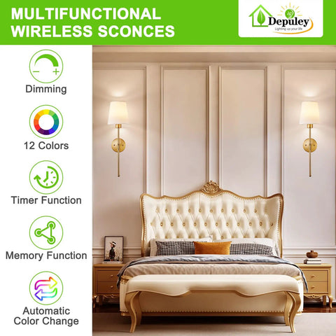 Set Of Two Wireless Wall Sconces With Rechargeable Dimmable Led Bulbs And Remote Control delivering vibrant shades in a bedroom setting.