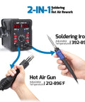 2 In 1 Hot Air Rework Soldering Station Kit With Desoldering Tool, controls display, soldering iron and hot air gun in use