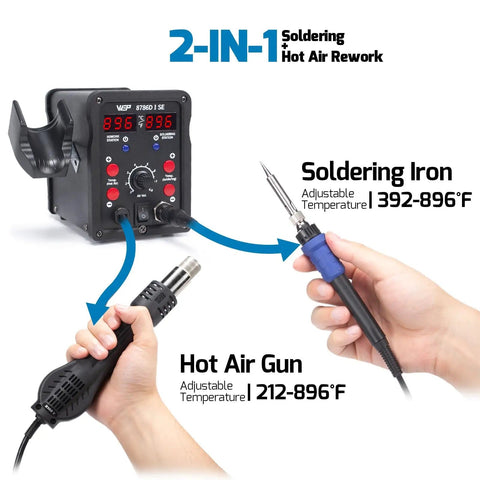 2 In 1 Hot Air Rework Soldering Station Kit With Desoldering Tool, controls display, soldering iron and hot air gun in use