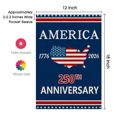 250th Anniversary USA Garden Flag For Outside With Map Design 1776-2026 Patriotic Yard Flag Double-Sided Waterproof Burlap 12x18 Inch