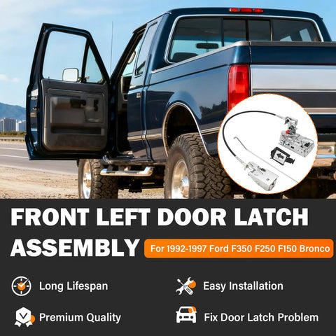 Image of a truck with the door open, highlighting Front Left Driver Side Door Latch Lock Assembly With Actuator Motor Cable Rod Kit Fits 1992-1996 Ford F-150 1992-1997 Ford F-250 F-350 Bronco Direct Replacement Bolt-In Fit Replaces F4TZ-15219A65-A F4TZ15219A65A.