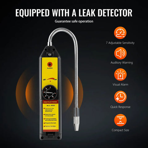 Pro Grade HVAC Vacuum Pump And Gauge Kit leak detector with sensitivity dial and flexible probe, for mini splits and auto systems.