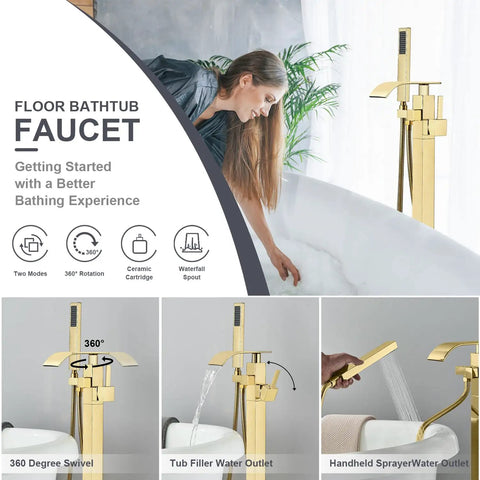 Gold Polished Floor Mounted Tub Filler Faucet With Handheld Sprayer showcasing features and operation details