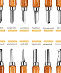 Wood Carving Knife Set 20 Piece Kit With Carbon Steel Blades And Electrolytic Coating featuring various blade designs.
