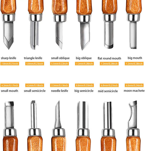 Wood Carving Knife Set 20 Piece Kit With Carbon Steel Blades And Electrolytic Coating featuring various blade designs.