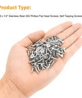 Top Shelf 200 Piece Pack Of Size Six By Half Inch Phillips Countersunk Flat Head Wood Screws Heavy Duty 304 Stainless Steel Self Tapping Fasteners in a hand.