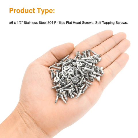 Top Shelf 200 Piece Pack Of Size Six By Half Inch Phillips Countersunk Flat Head Wood Screws Heavy Duty 304 Stainless Steel Self Tapping Fasteners in a hand.