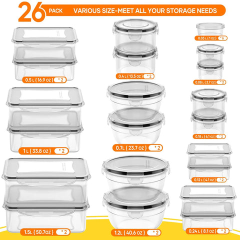 Various sizes of 52 Piece Airtight BPA Free Food Storage Containers With Lids Set For Kitchen Organization Keeps Your Kitchen Organized Leakproof Reusable Plastic Meal Prep Containers Microwave Safe Dishwasher Safe Includes Labels And Pen