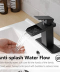Waterfall Matte Black Bathroom Faucet With Single Handle Fits 1 Or 3 Hole Sinks Includes Pop Up Drain And Deck Supply Hoses No Fuss High Flow Water Sleek Modern Finish Easy Clean in use