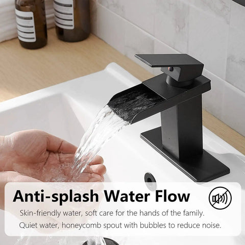 Waterfall Matte Black Bathroom Faucet With Single Handle Fits 1 Or 3 Hole Sinks Includes Pop Up Drain And Deck Supply Hoses No Fuss High Flow Water Sleek Modern Finish Easy Clean in use