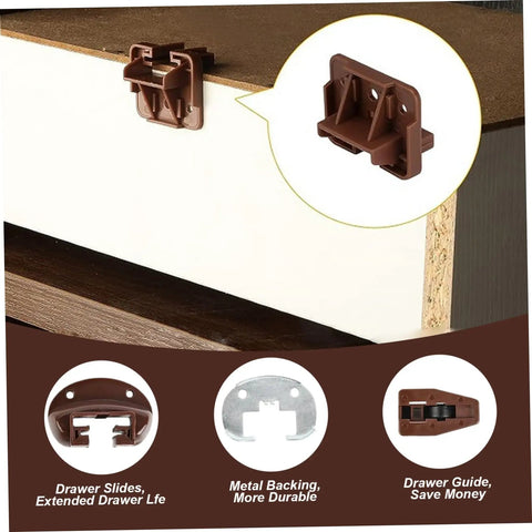5 Pack Heavy Duty Drawer Slides With Plastic Guides, Metal Backplates And Rollers detail view of brown plastic guide