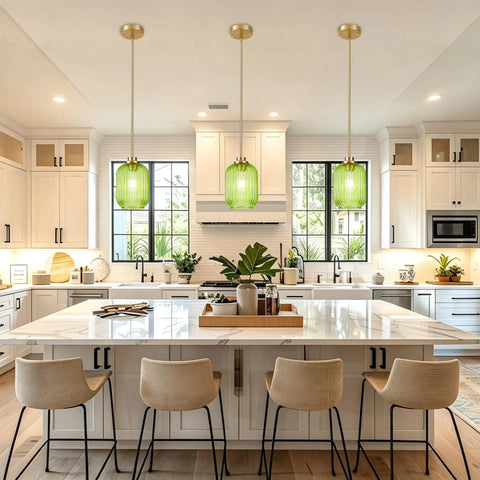 Farmhouse Island Lights for Kitchen, Kitchen Pendant Lighting over Island with green hand-blown glass shades.