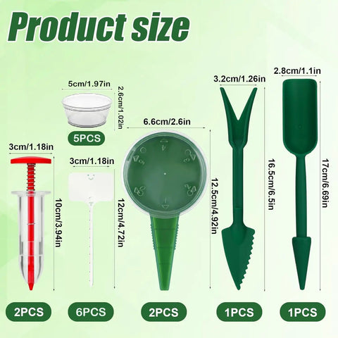 Mini Seed Spreader Kit For Easy Garden Sowing, 17 Piece Handheld Seed Dispenser Set product size dimensions chart