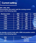 Current setting table for DM556 Digital CNC Stepper Motor Driver showing running and standby current configurations.