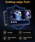 Dual 4K Front And Rear Dash Cam with circuit design, lens detail, buttons, and features like GPS, WiFi, and durability icons.