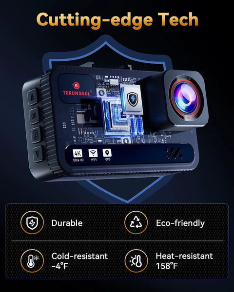 Dual 4K Front And Rear Dash Cam with circuit design, lens detail, buttons, and features like GPS, WiFi, and durability icons.