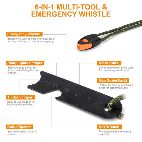 Survival Prepper Grade Fire Starter Kit with 6-in-1 multi-tool including whistle, scraper, ruler, map scale, bottle opener, hex wrench.