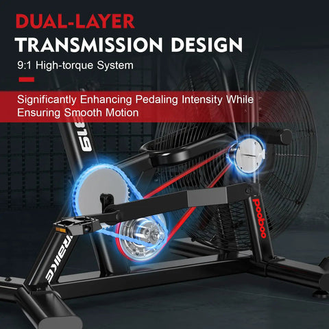 Close-up of Air Resistance Fan Bike with Dual Layer Transmission showcasing high-torque system for HIIT cardio.