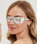 Woman wearing Three Pack Anti Fog Safety Glasses For Lab And Everyday Use With Scratch Resistant Lenses And Extended Side Shields