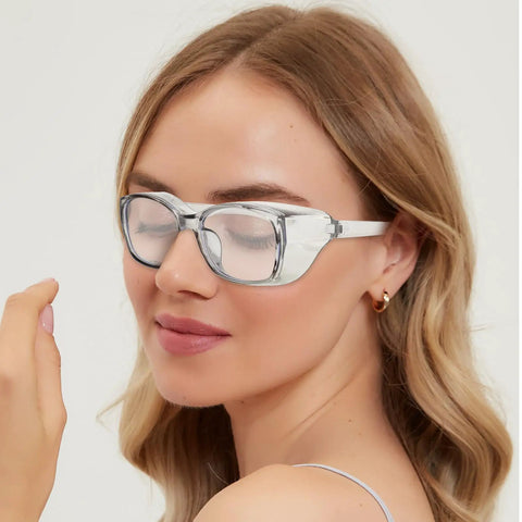 Woman wearing Three Pack Anti Fog Safety Glasses For Lab And Everyday Use With Scratch Resistant Lenses And Extended Side Shields