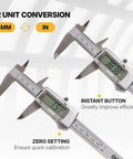 BLACK CANYON 12" Digital Caliper showing unit conversion with digital display, stainless steel, for precise measuring in inch and metric.