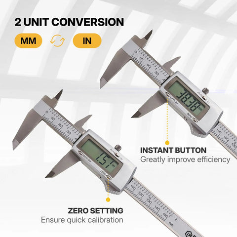 BLACK CANYON 12" Digital Caliper showing unit conversion with digital display, stainless steel, for precise measuring in inch and metric.
