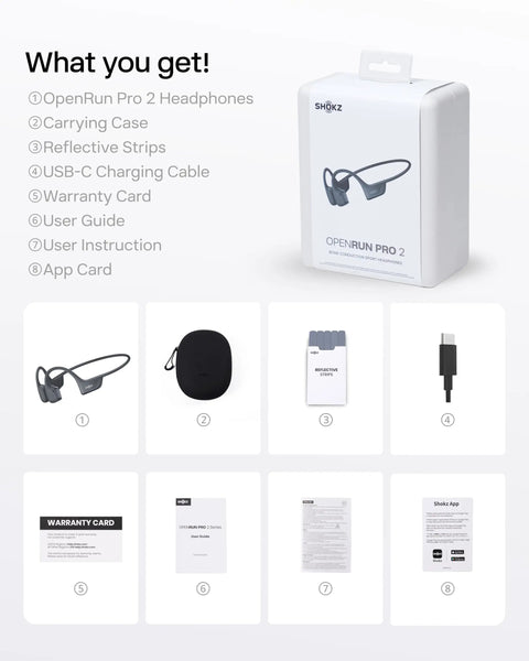 Next Level Open Ear Bone Conduction Bluetooth Sport Headphones In Black with accessories including case and charging cable.