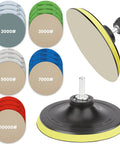 Water Grit Sandpaper Kit With 5 Inch Backing Pad And 20 Wet Dry Discs displayed, showing grits 2000 to 10000 for polishing