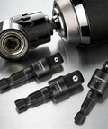 Flexible Drill Bit Extension Set Four Piece With 1/4 To 1/2 Inch Socket Adapters 360 Degree Rotating Pro Kit shown on metal surface