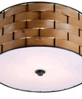 Shaker 3 Light Flush Mount Fixture In Brown Finish With Blackened Bronze Frame And Woven Wood Detailing, side view of ceiling light