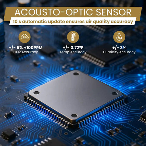 Close-up of an acoustical-optical sensor on a circuit board, part of Handy Portable CO2 Monitor And Indoor Air Quality Tracker.