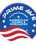 Prime Ave logo featuring blue background with white text and red white striped wave, indicating American owned and operated.