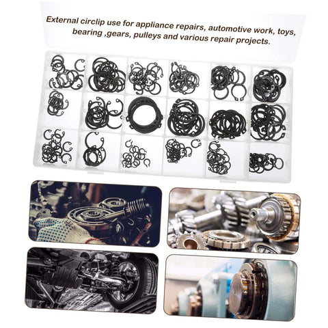 225 Piece Carbon Steel C Shaped Retaining Clip Assortment Kit External Snap Rings For Shafts And Axles shown in a storage case