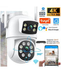 Badass Dual Lens 8Mp Ptz Wifi Security Camera With AI Human Detection And Auto Tracking showing dual lenses and night vision lights.
