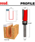 Half Inch Diameter Top Bearing Flush Trim Bit With Perma Shield Coating displayed with dimensions and usage diagram