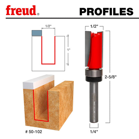 Half Inch Diameter Top Bearing Flush Trim Bit With Perma Shield Coating displayed with dimensions and usage diagram