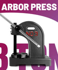Pro Grade 3 Ton Manual Arbor Press Desktop Punch Press Machine For Stamping Riveting And Sheetmetal Shaping With Adjustable Frame And No Sweat Mechanics For Quick Shop Fixes close-up of press with marked handle.