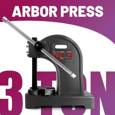 Heavy Duty 3 Ton Manual Arbor Press With Ratchet Leverage And Quick Action Handwheel for precision riveting tasks on a sturdy base.