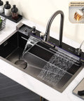 Multifunctional Black Stainless Steel Kitchen Faucet 26.8/29.5/31.5/33.5/90cm Integrated Sink Accessories for Modern Cooking (75x46x22cm) with running water.