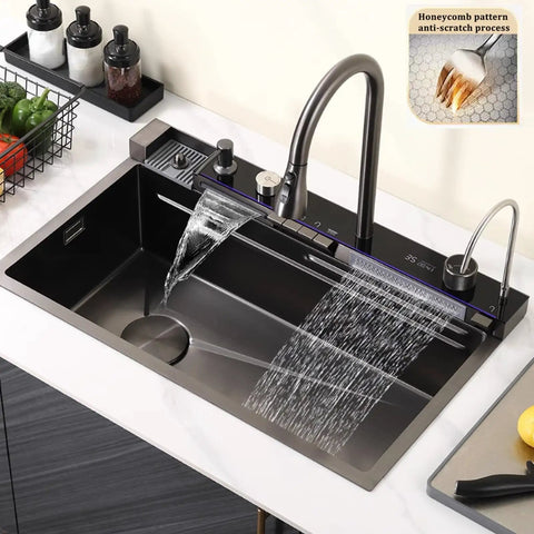 Multifunctional Black Stainless Steel Kitchen Faucet 26.8/29.5/31.5/33.5/90cm Integrated Sink Accessories for Modern Cooking (75x46x22cm) with running water.