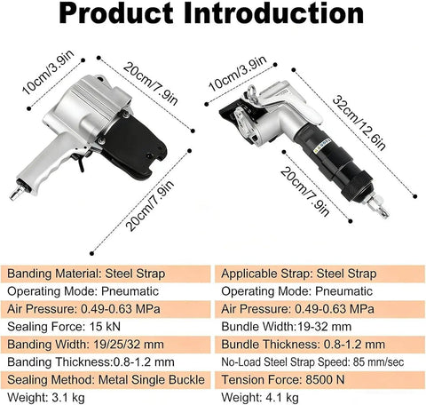 Heavy Duty Pneumatic Steel Strapping Machine For 1.25 Inch Wide Buckles With Integrated Tensioner And Cutter Sealer showing specifications and dimensions.