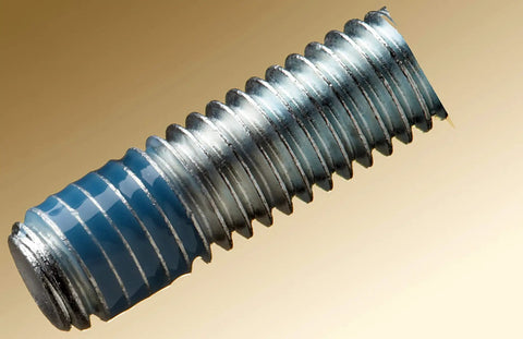 Bolt with blue coating up close showing Blue Threadlocker TL43 Medium Strength, 50 mL Bottle That Keeps Nuts And Bolts From Loosening With Vibration