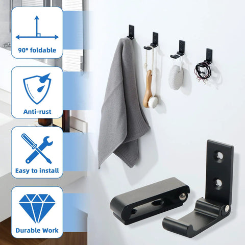 Built Different Matte Black Wall Mount Towel And Coat Hooks, Heavy Duty Aluminum Alloy with grey towel and bath accessories on wall.