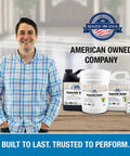 Man smiling with concrete sealer products, features Heavy Duty Concrete Sealer Five Gallon Ready Mix Invisible Shield.