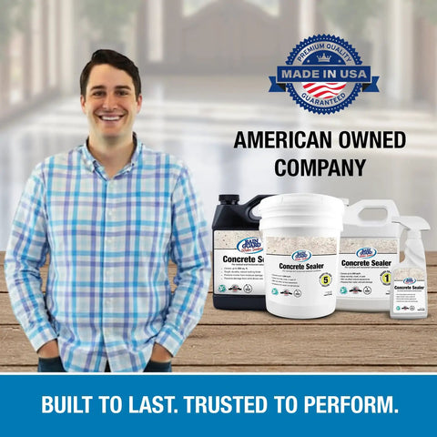 Man smiling with concrete sealer products, features Heavy Duty Concrete Sealer Five Gallon Ready Mix Invisible Shield.
