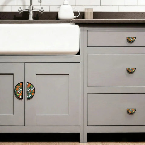 Gray cabinet with Two Pack Customizable Panel Cabinet Handles, 3 Inch Center Hole Semicircle Drawer Pulls, Solid Zinc Alloy Hardware, Black Base