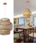 Handwoven Bamboo Pendant Light With Battery And Remote, rattan hanging lamp installed in a modern kitchen dining area