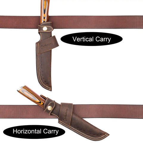 Horizontal Knife Sheath For 5 Inch Blade, Lightweight 0.15lb Belt Holster in vertical and horizontal carry positions, dark brown leather