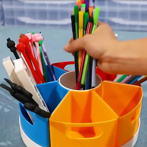 Must Have Rotating Desk Organizer With Six Compartments For Pens And Art Supplies, Large Capacity Desktop Holder, 360 Degree Spin Access For Brushes Pencils Markers And Metallic Pens, Lightweight Durable Office Desk Organizer. Six-compartment plastic desk organizer with pens and brushes